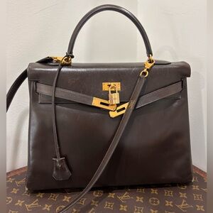 Authentic HERMES KELLY 35 brown box leather with strap gold hardware